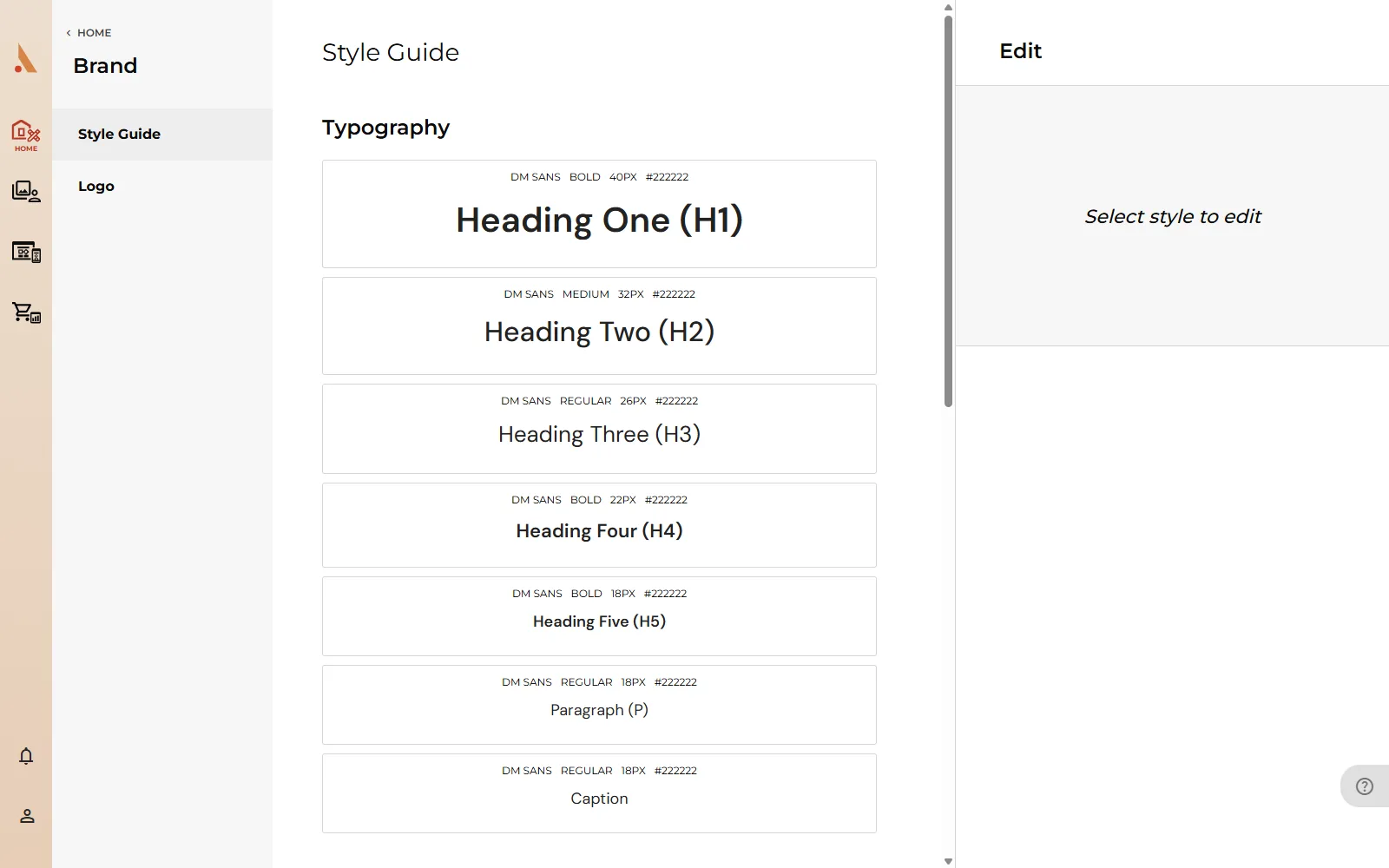 The Style Guide page with the typography list and edit panel