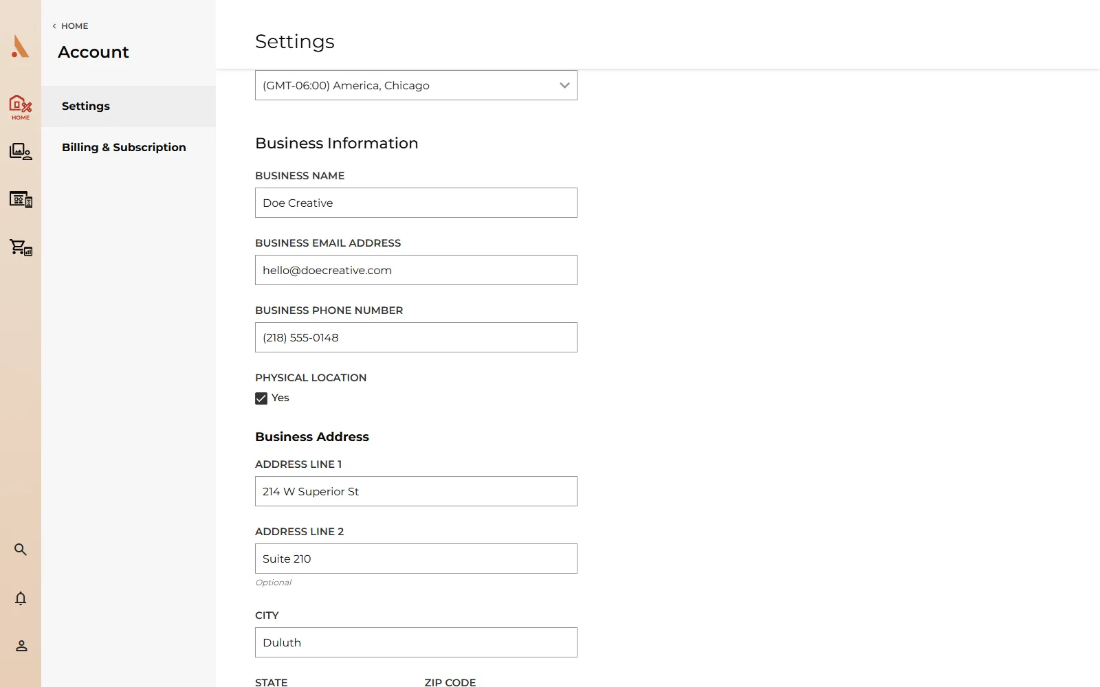 The Business Information section of Account Settings
