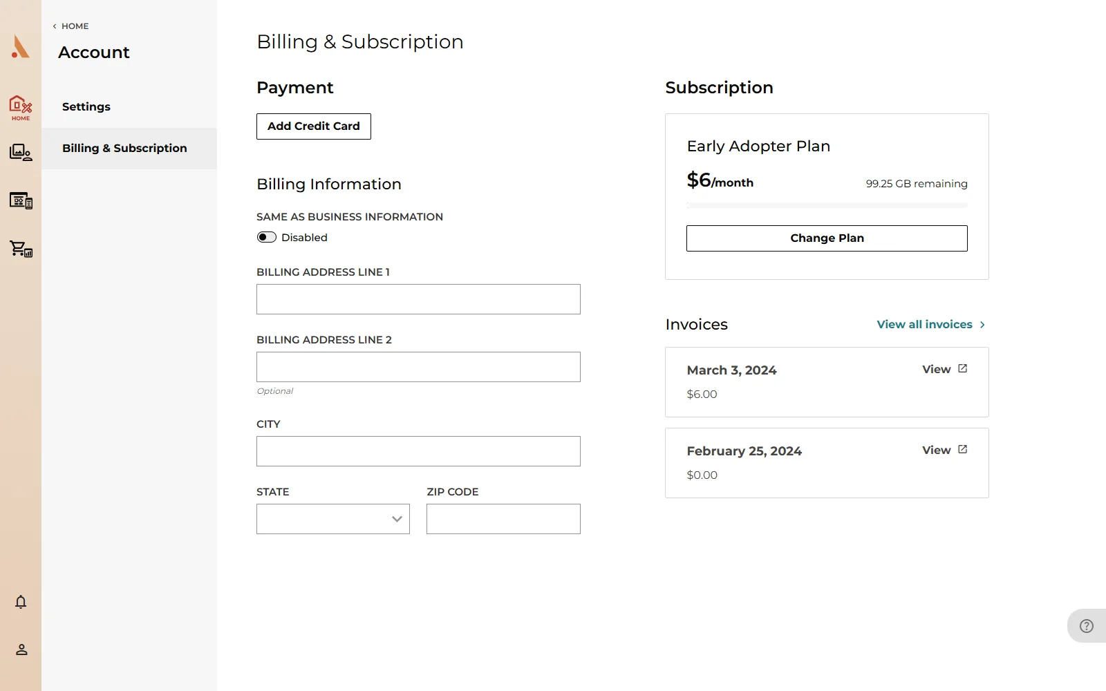 The Billing & Subscription page with the current plan and Change Plan button