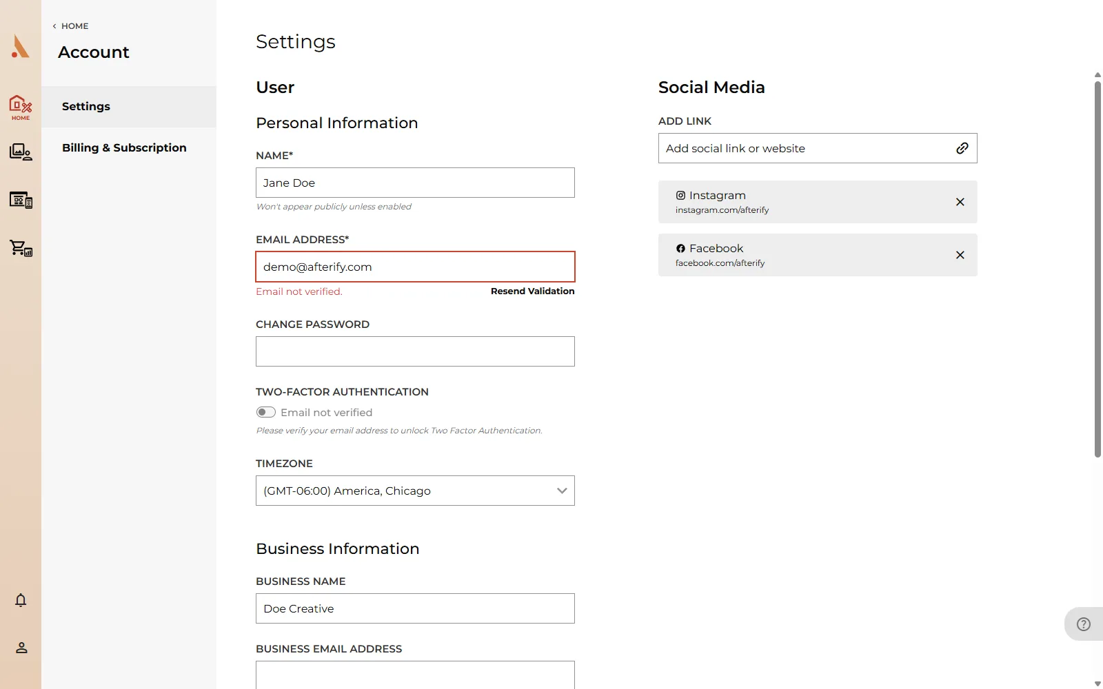 Account Settings with the personal information fields and social links