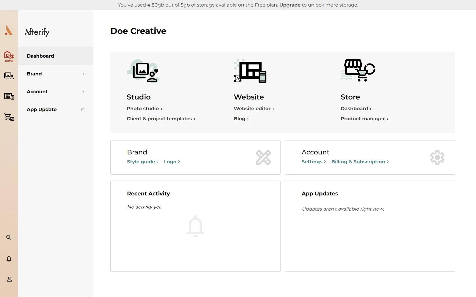 The plan limit banner showing storage usage with the Upgrade link