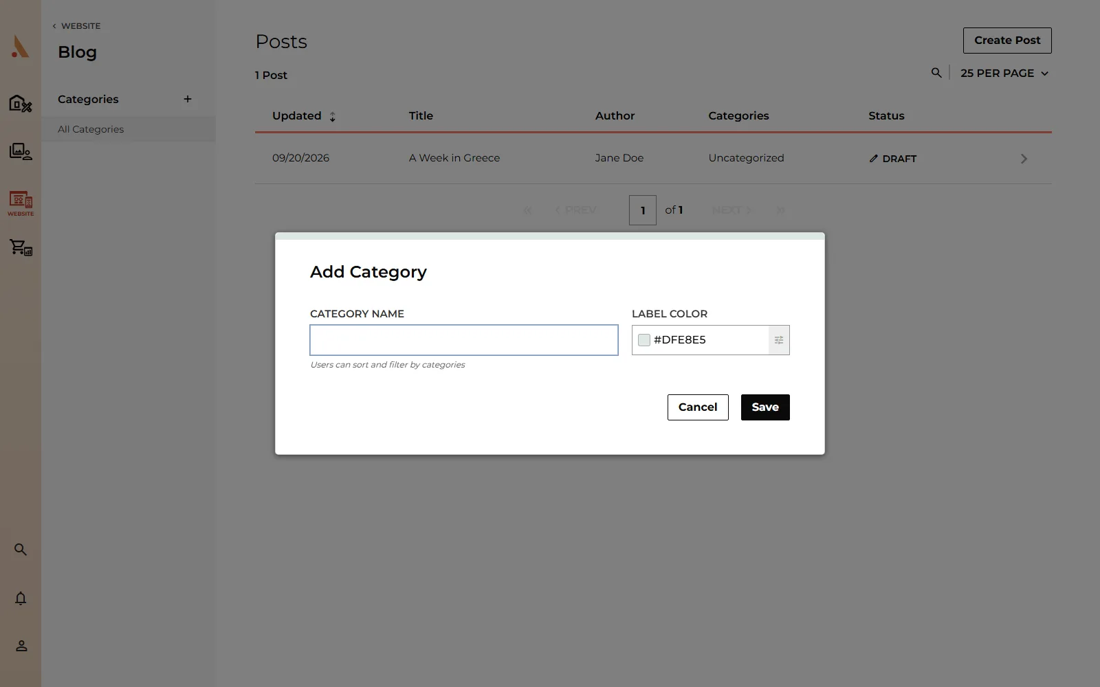 The Add Category modal with the name field and label color