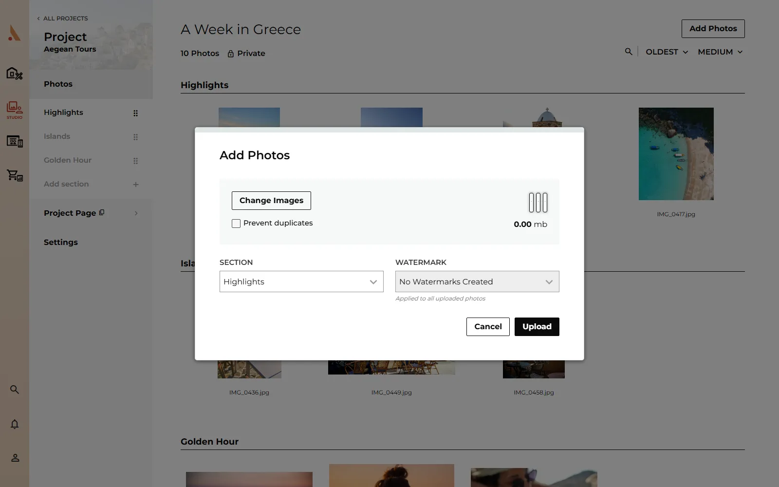 The Add Photos modal with queued photos