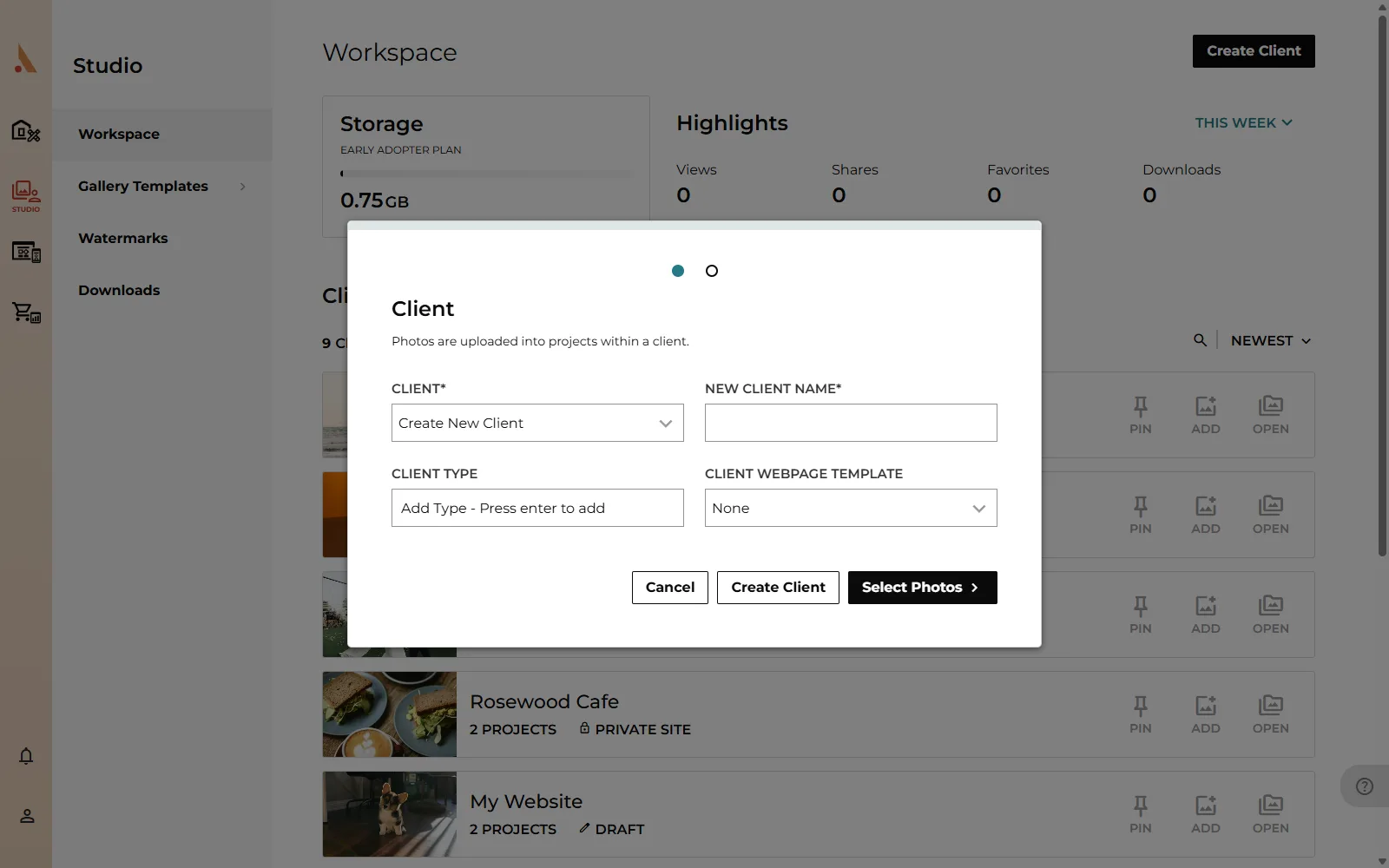 The Create Client modal on the Client step