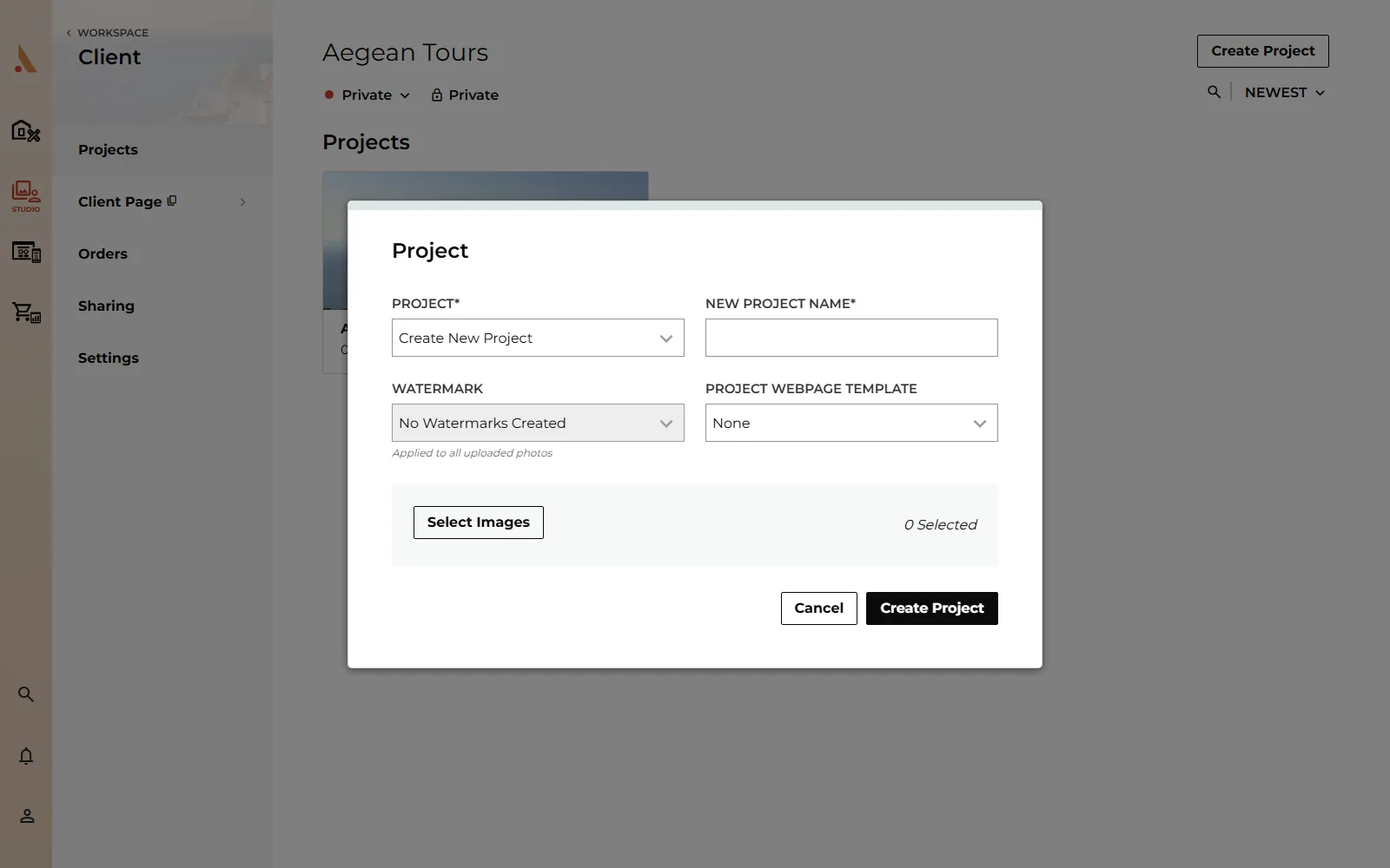 The Create Project modal with the project name filled in