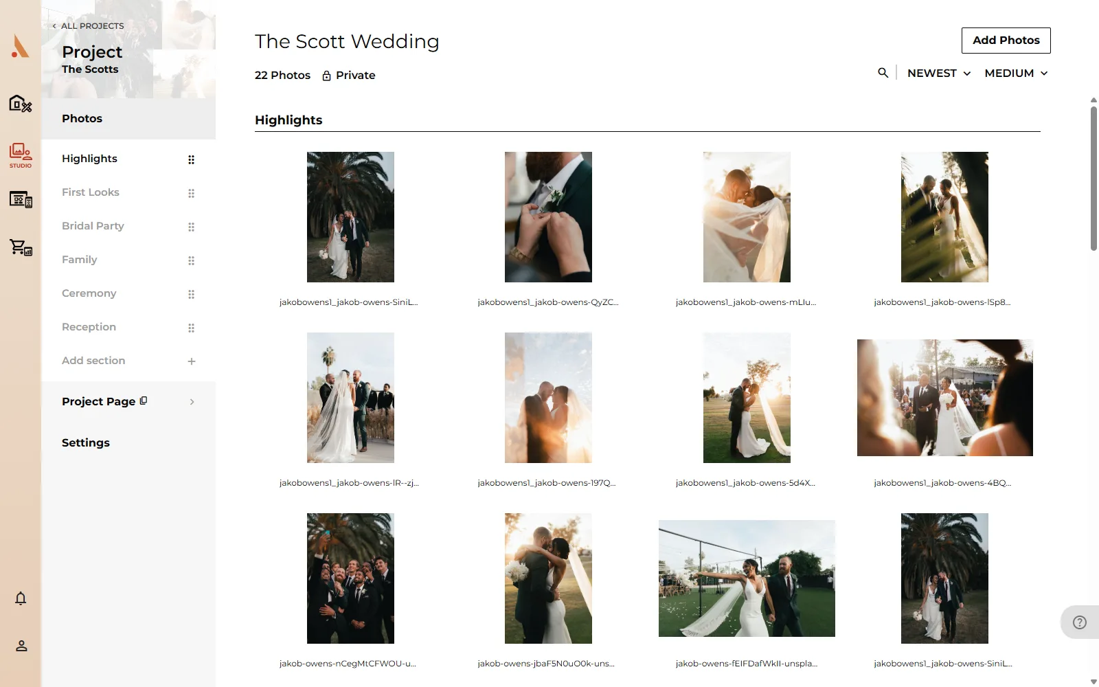 A project photo grid with photos organized into sections