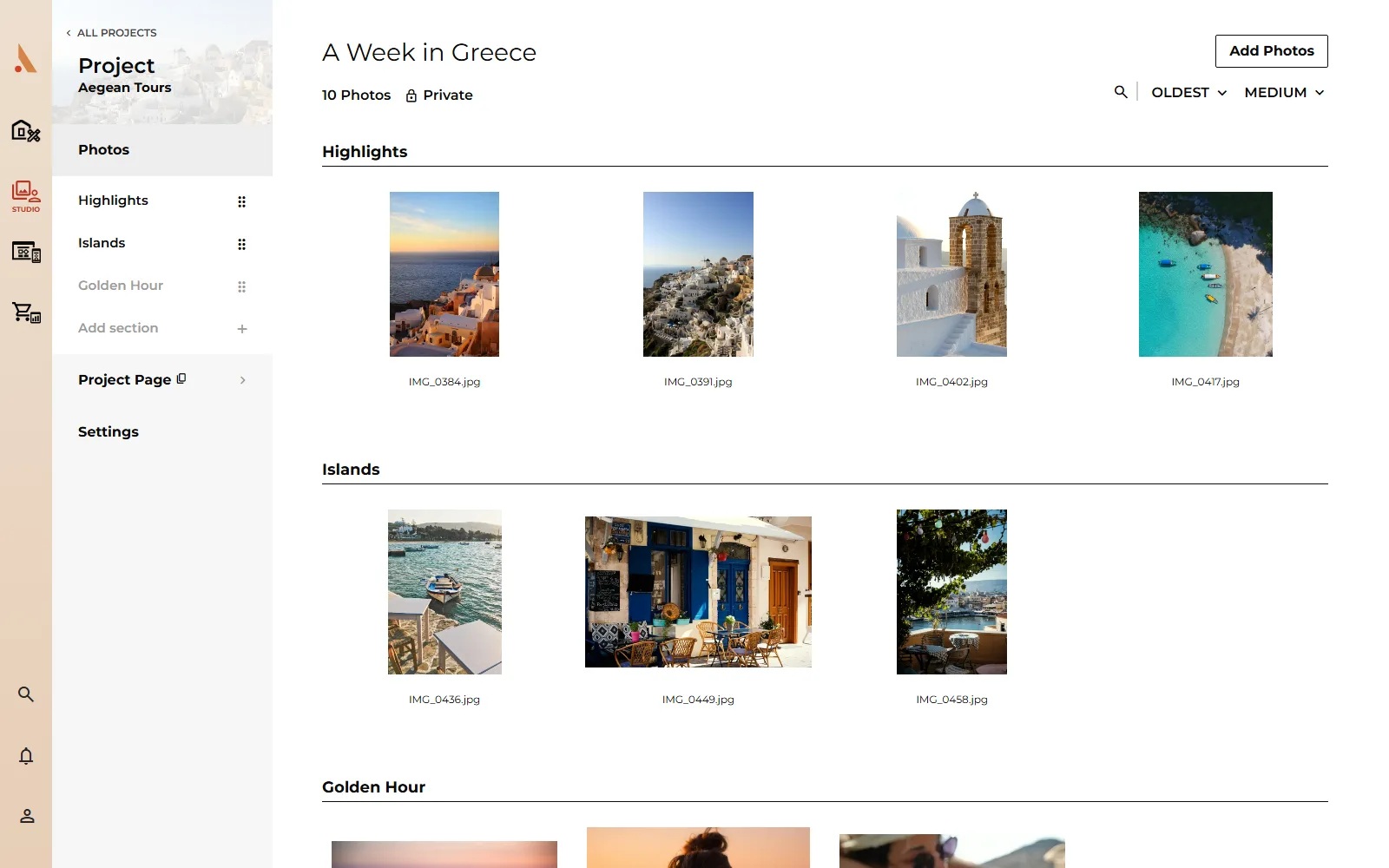 A section title row with its ordering and upload tools