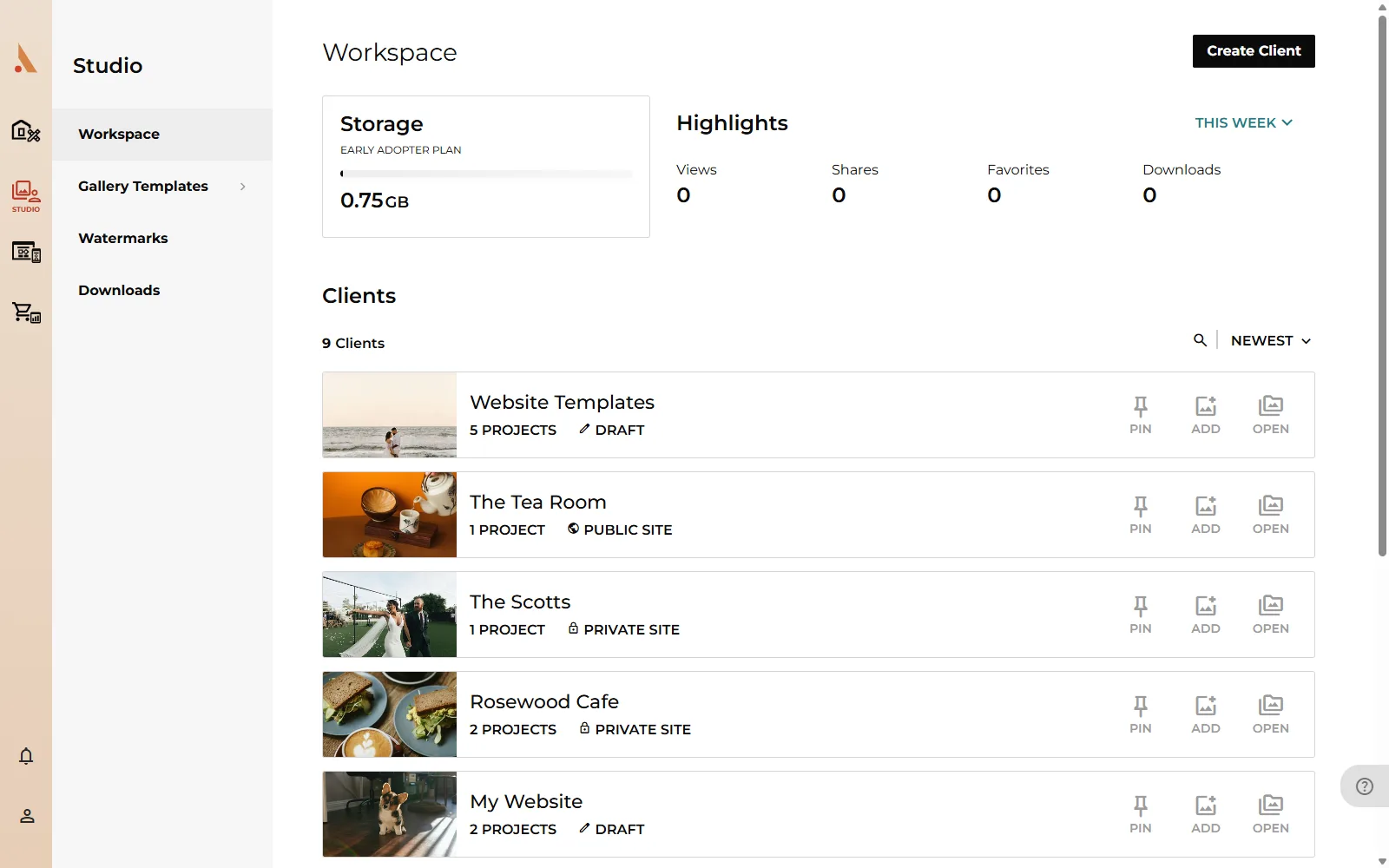 The Studio Workspace with the Create Client button in the top right