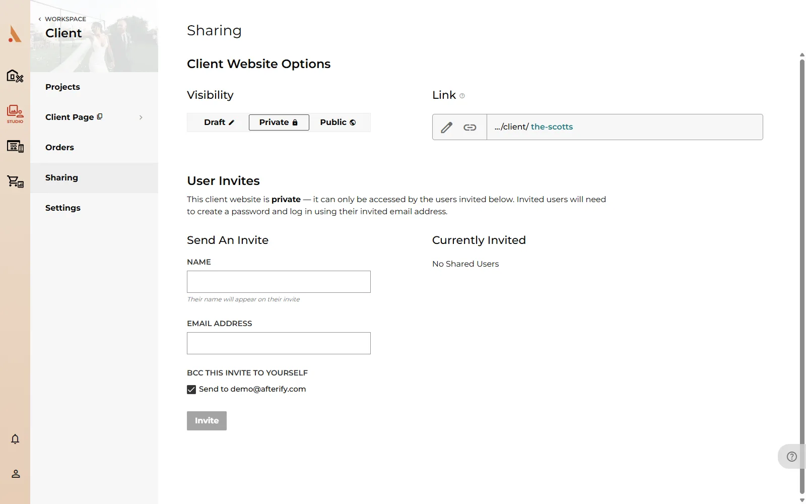 The client Sharing page with the Send An Invite form