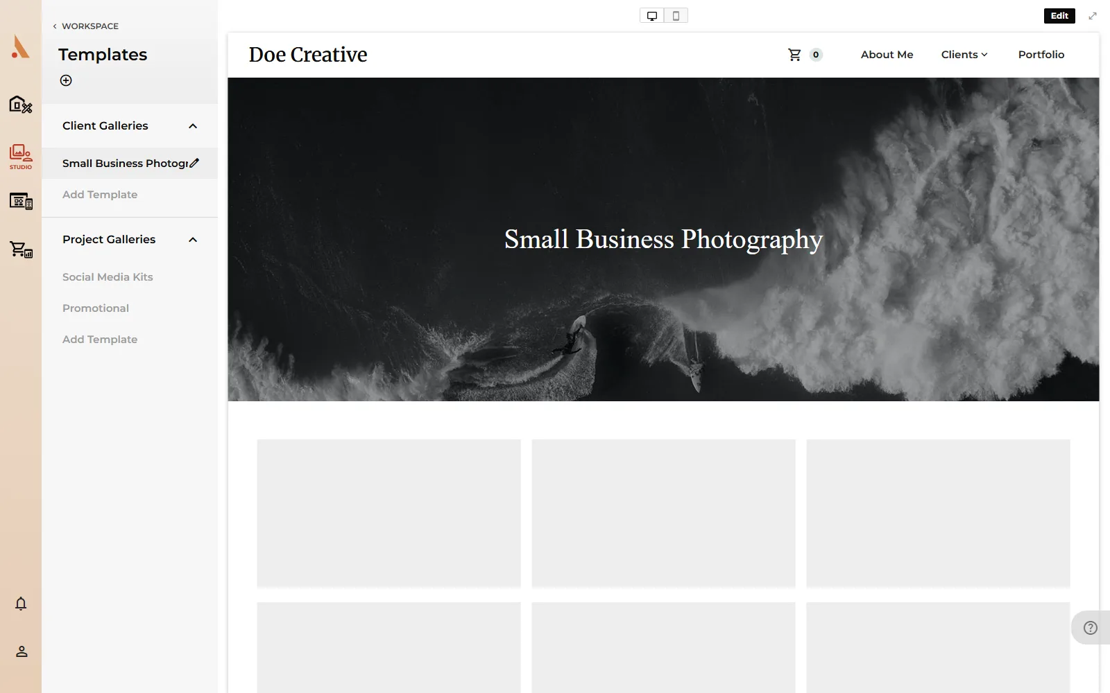 The Templates page with the Client Galleries and Project Galleries lists and a template preview