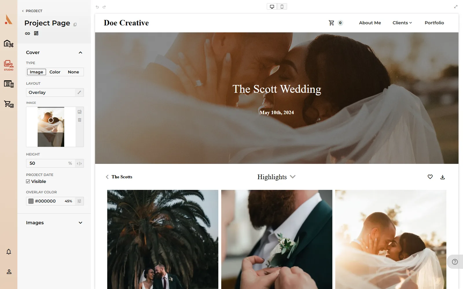 The project Design page with the cover options and a live preview