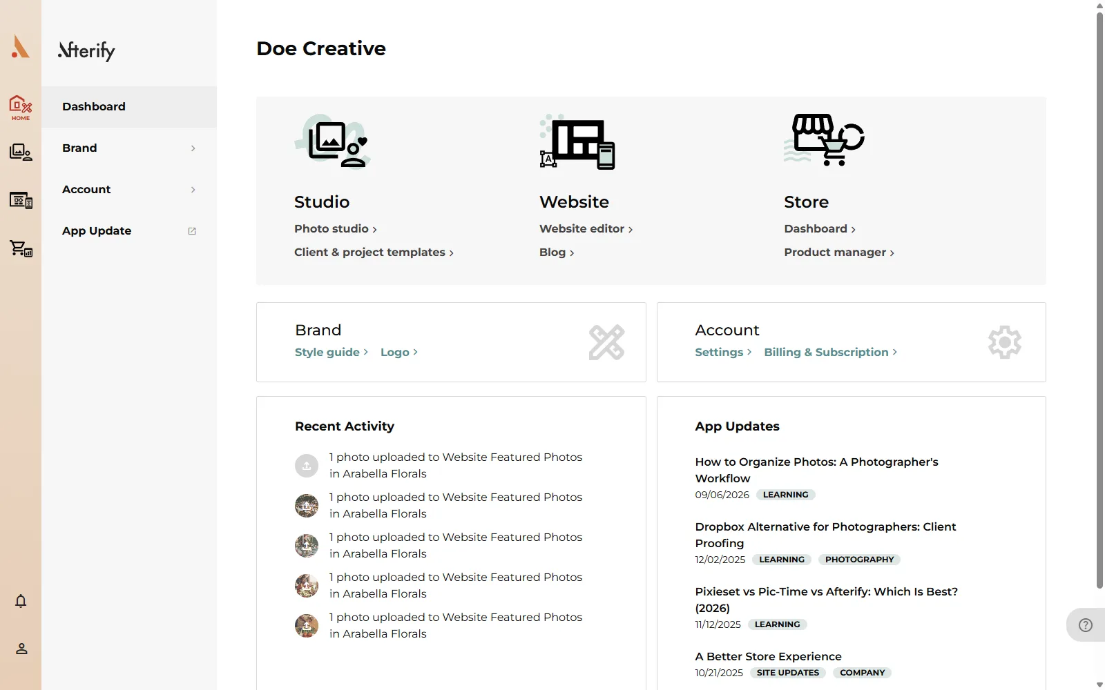 The Home dashboard with the Studio, Website and Store tiles and the activity panels