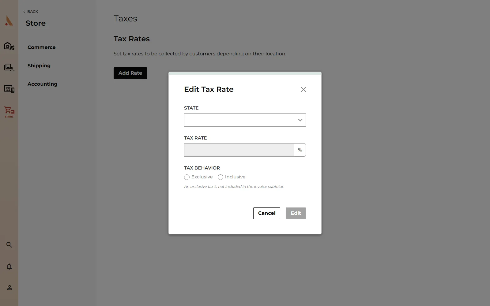 The Add Tax Rate modal with the state and rate fields