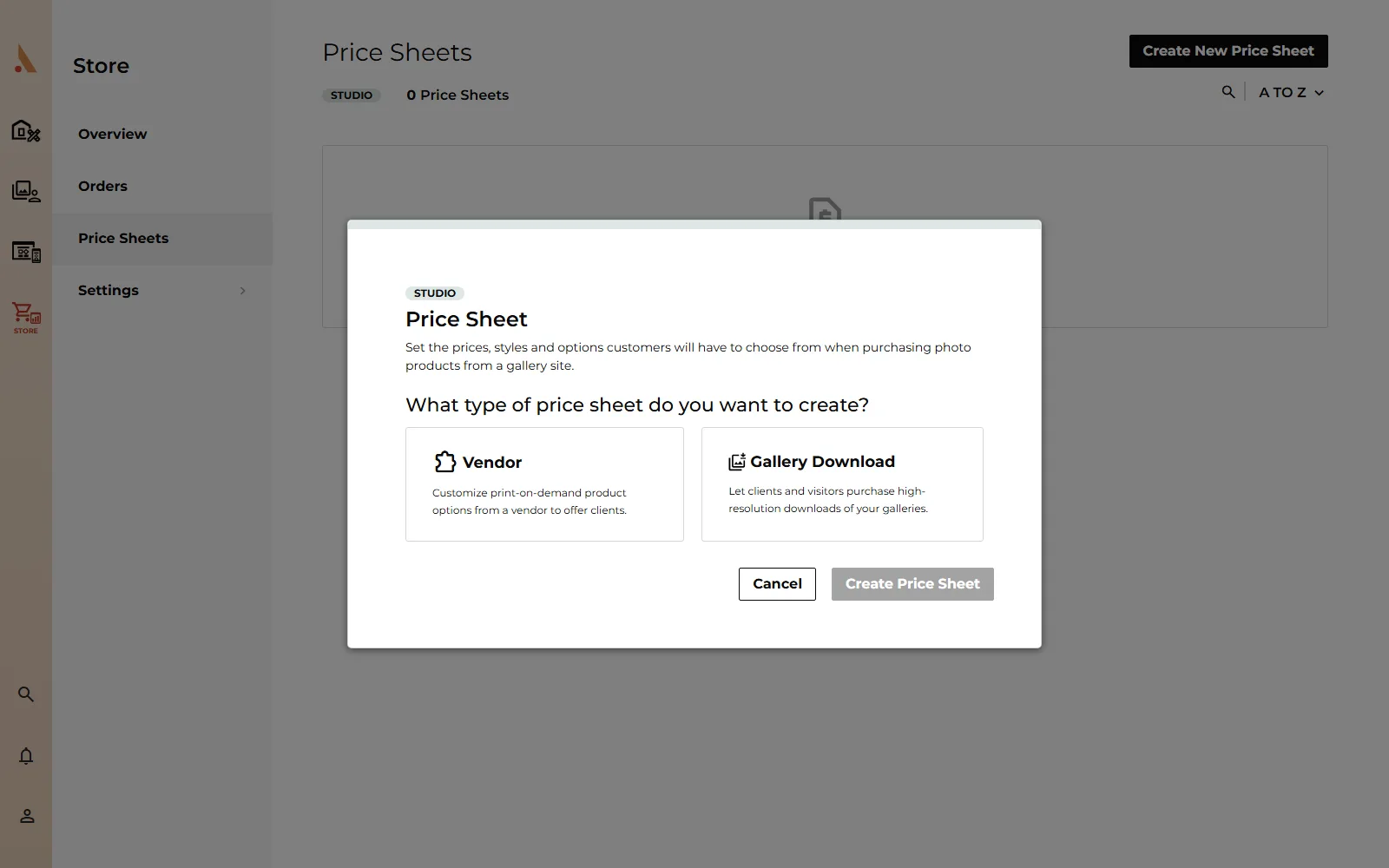 The new price sheet modal with the Vendor and Gallery Download options