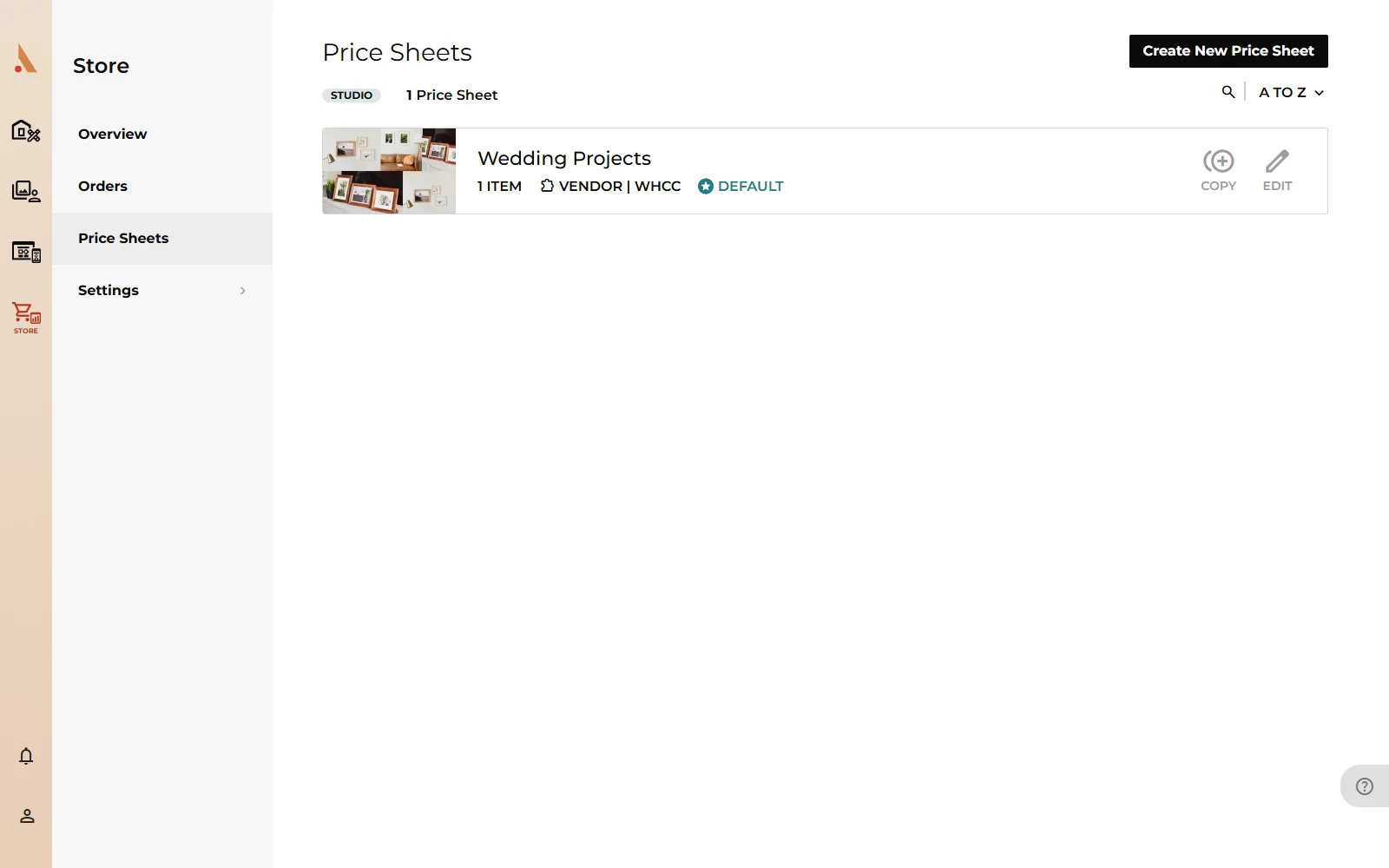 The Price Sheets page with a vendor price sheet marked Default