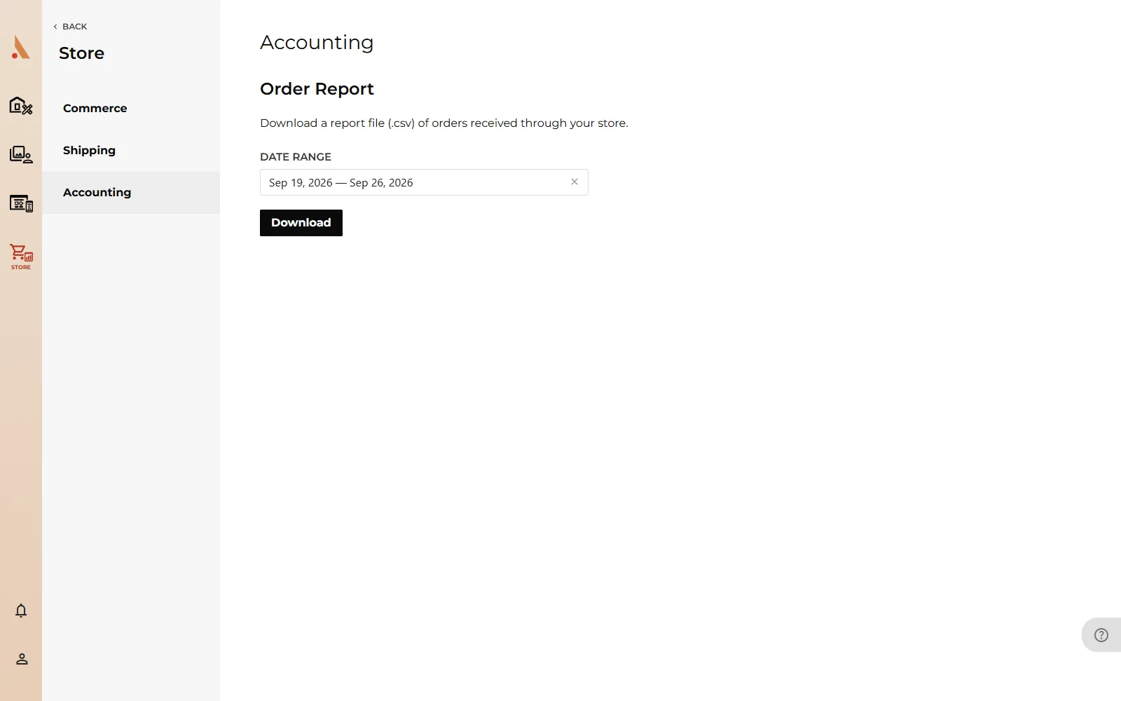The Accounting settings page with the CSV export date range