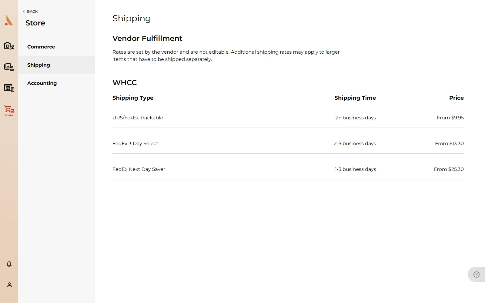 The Shipping settings page with WHCC shipping types, delivery estimates and prices