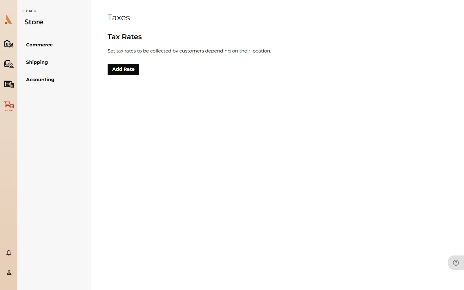 The Taxes settings page with the Add Rate button