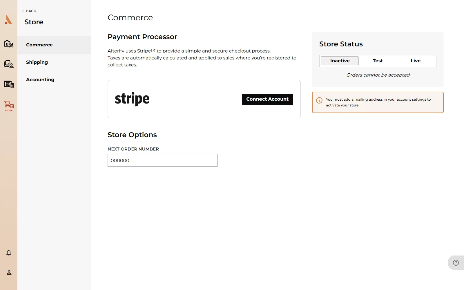 The Commerce page with the Stripe Connect Account button and Store Status