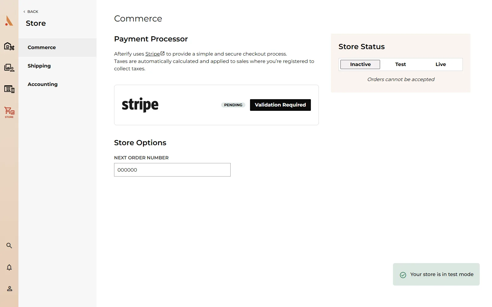 The Store Status switch set to Test with the no-payment note