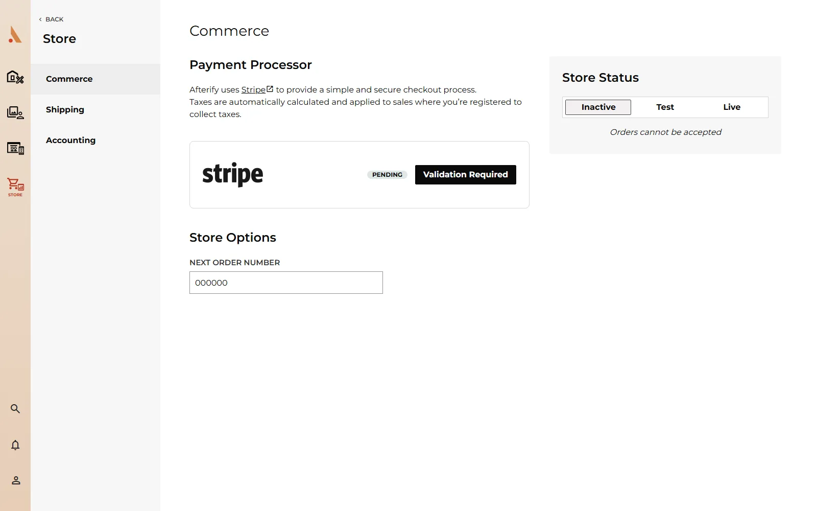 The Payment Processor section while a Stripe connection is pending