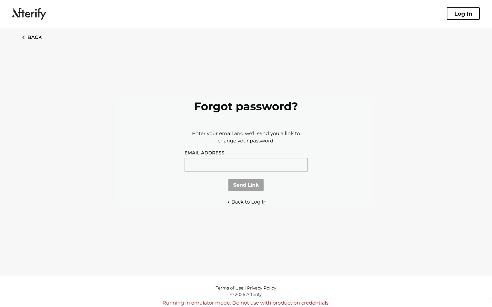 The password reset page with the email field and Send Link button