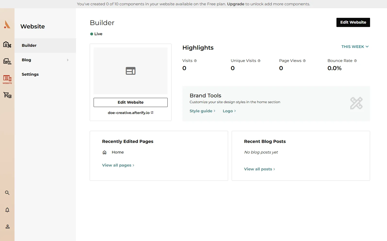 The Builder overview on a downgraded Free account