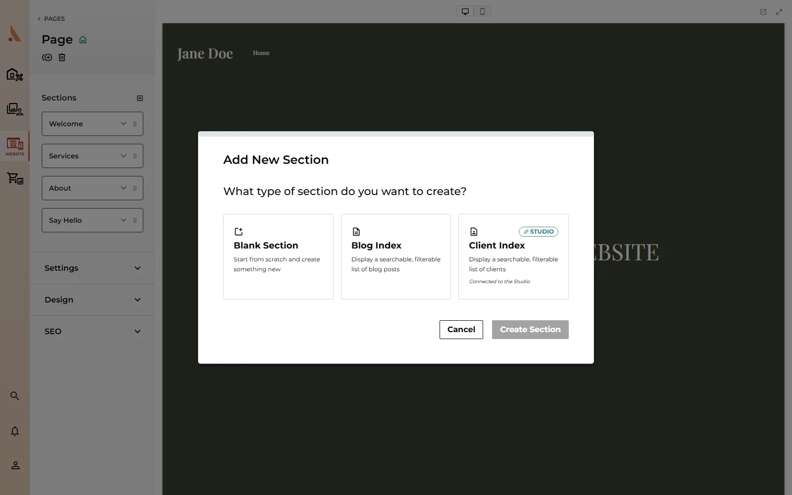 The Add New Section modal with the Blank Section, Blog Index and Client Index types