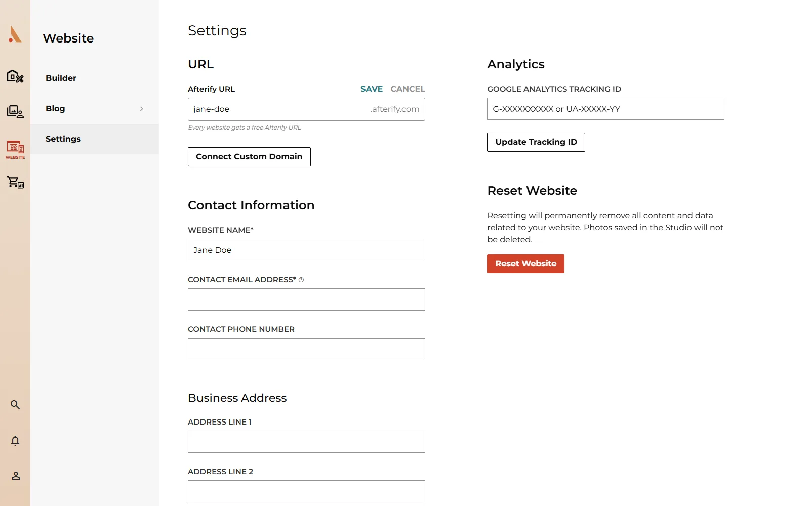 Website Settings with the Afterify URL and analytics fields