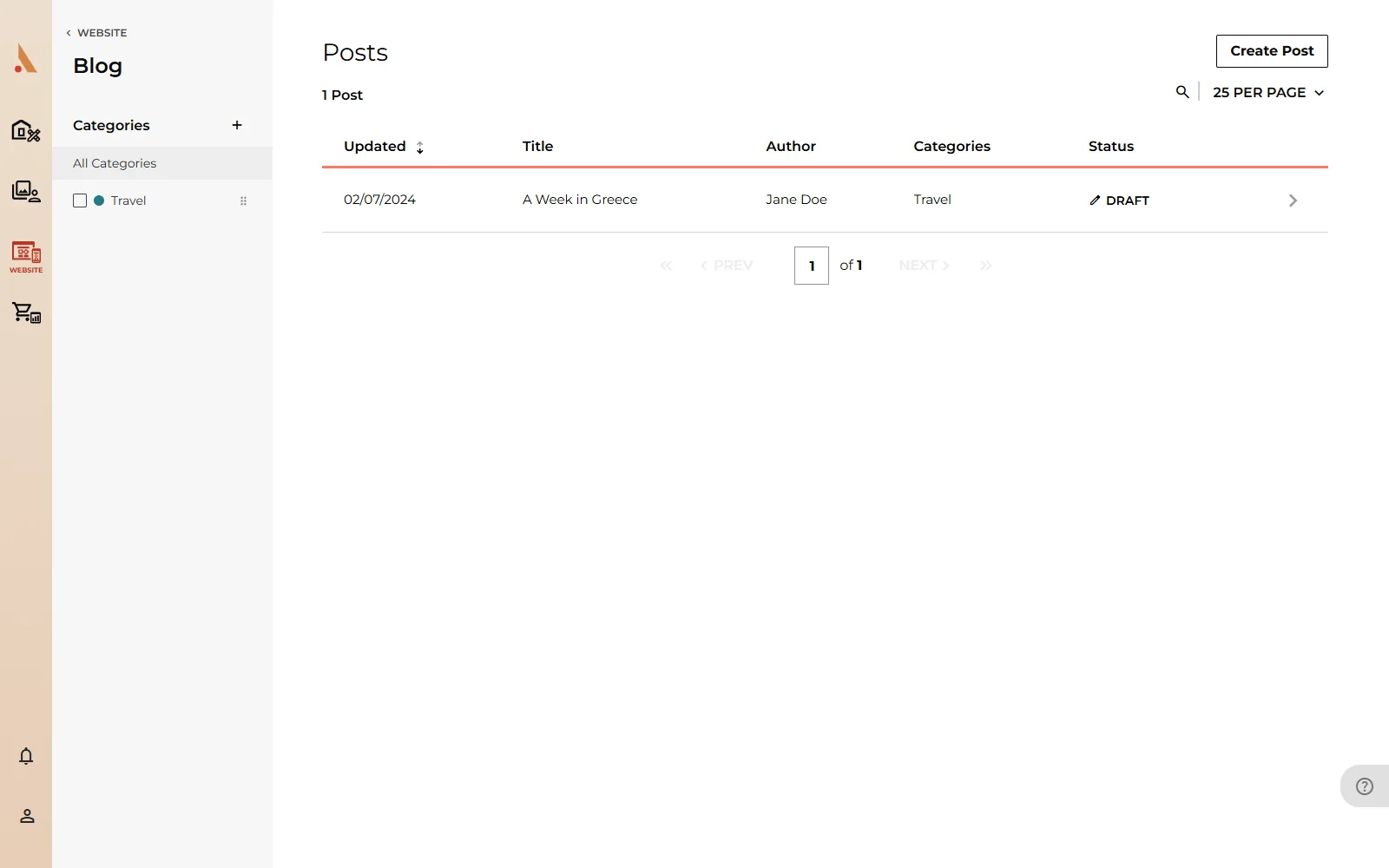 The Posts list with the Create Post button and categories sidebar
