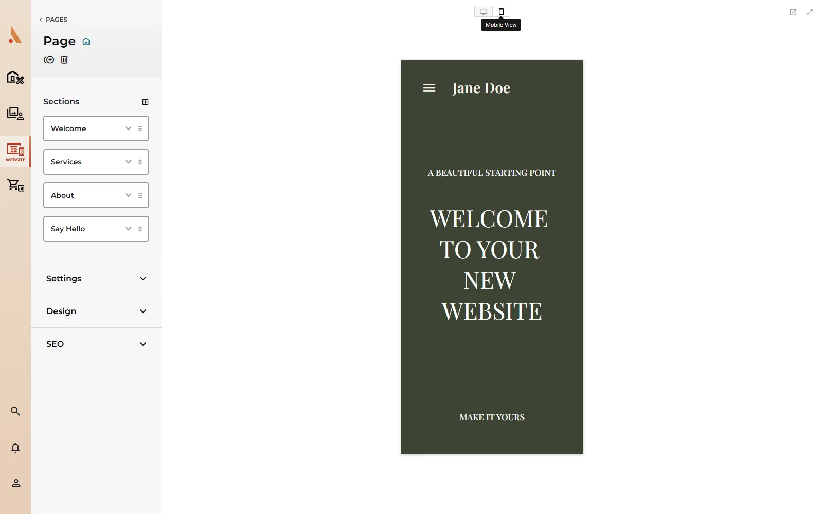 The editor in Mobile View showing the page inside a phone frame