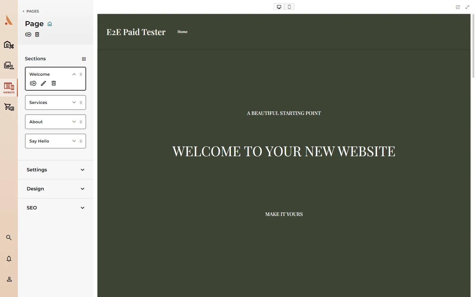 The page editor with the Sections list in the sidebar