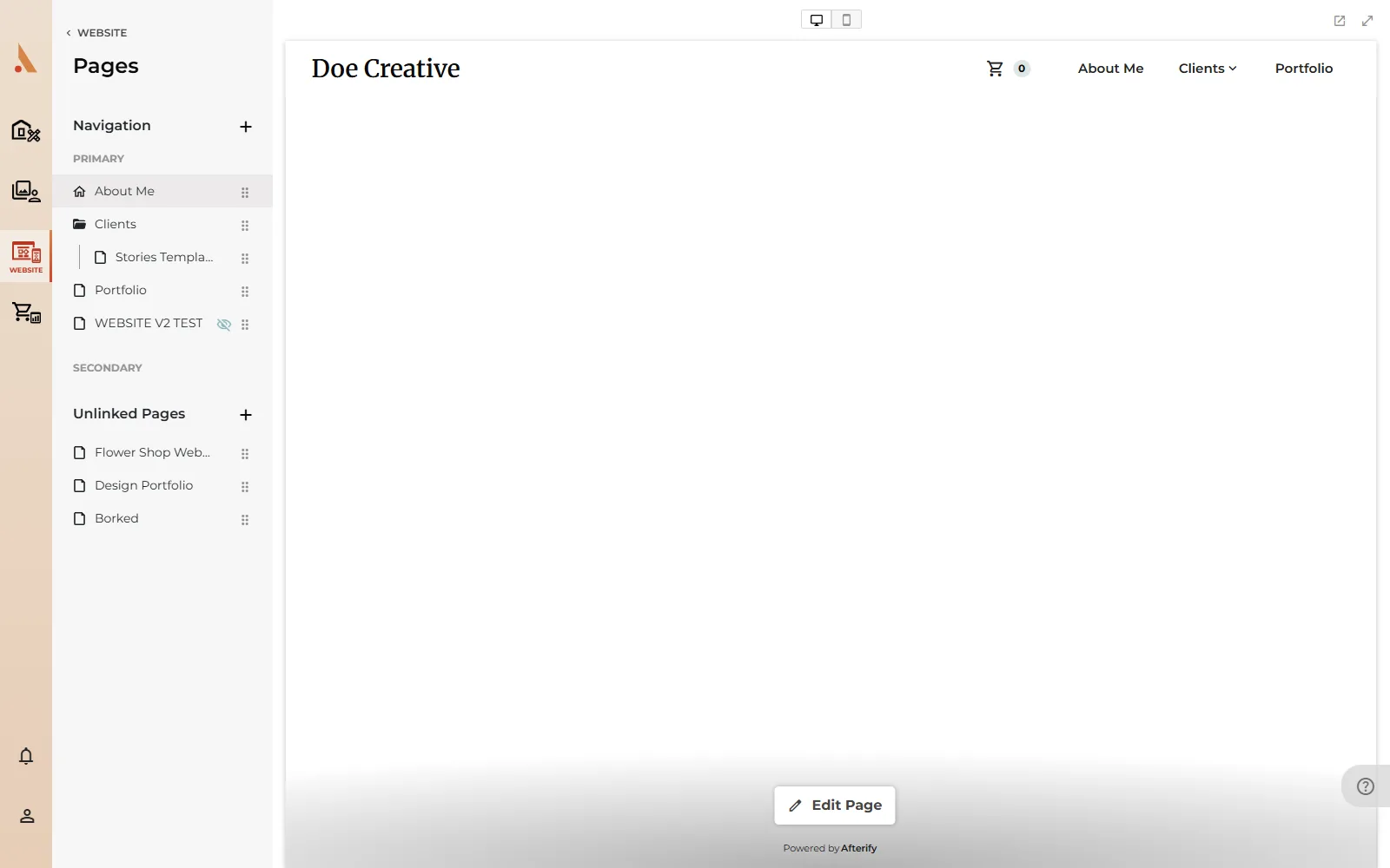 The Pages sidebar with Primary, Secondary and Unlinked pages