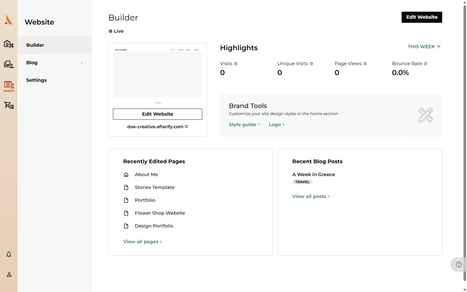 The Builder overview with the site preview card, Edit Website button and Highlights